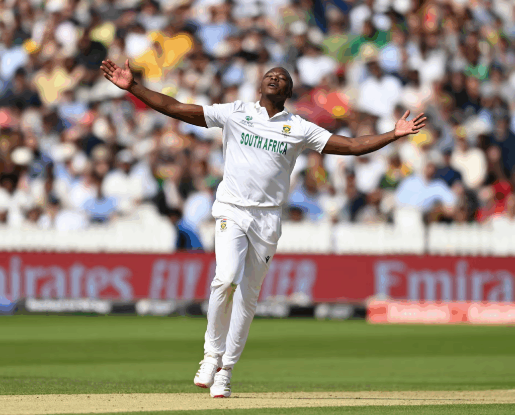 Kagiso Rabada of South Africa celebrates dismissing Nathan Lyon.