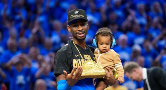 Oklahoma City Thunder guard Shai Gilgeous-Alexander (2) after winning game seven of the 2025 NBA Finals against the Indiana Pacers at Paycom Center.
