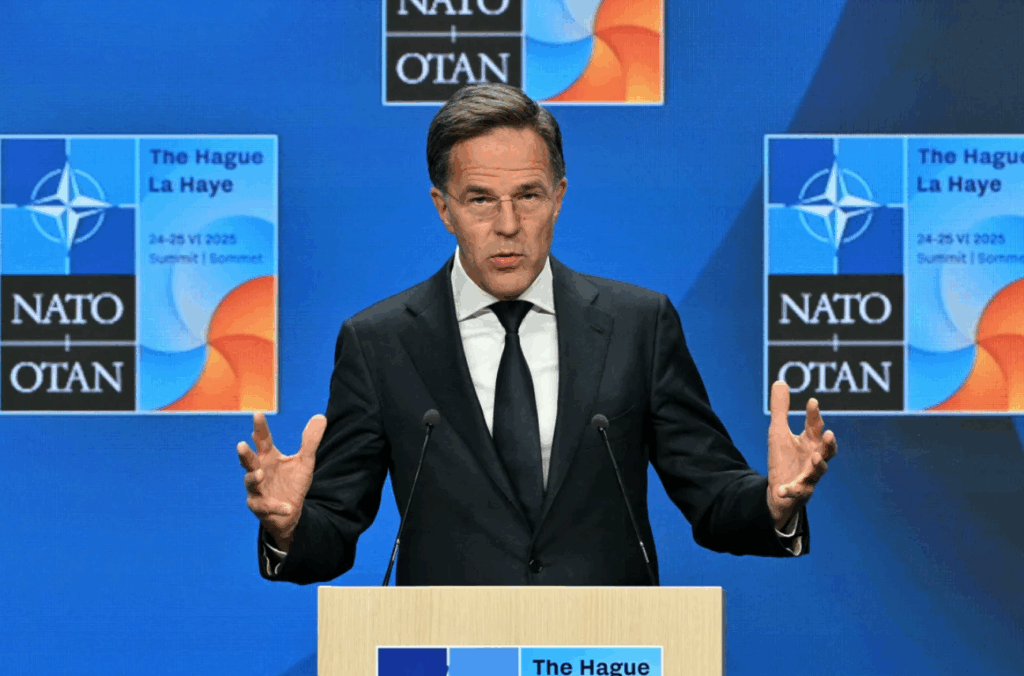 NATO Secretary General Mark Rutte speaks at a news conference during the summit on Wednesday.
