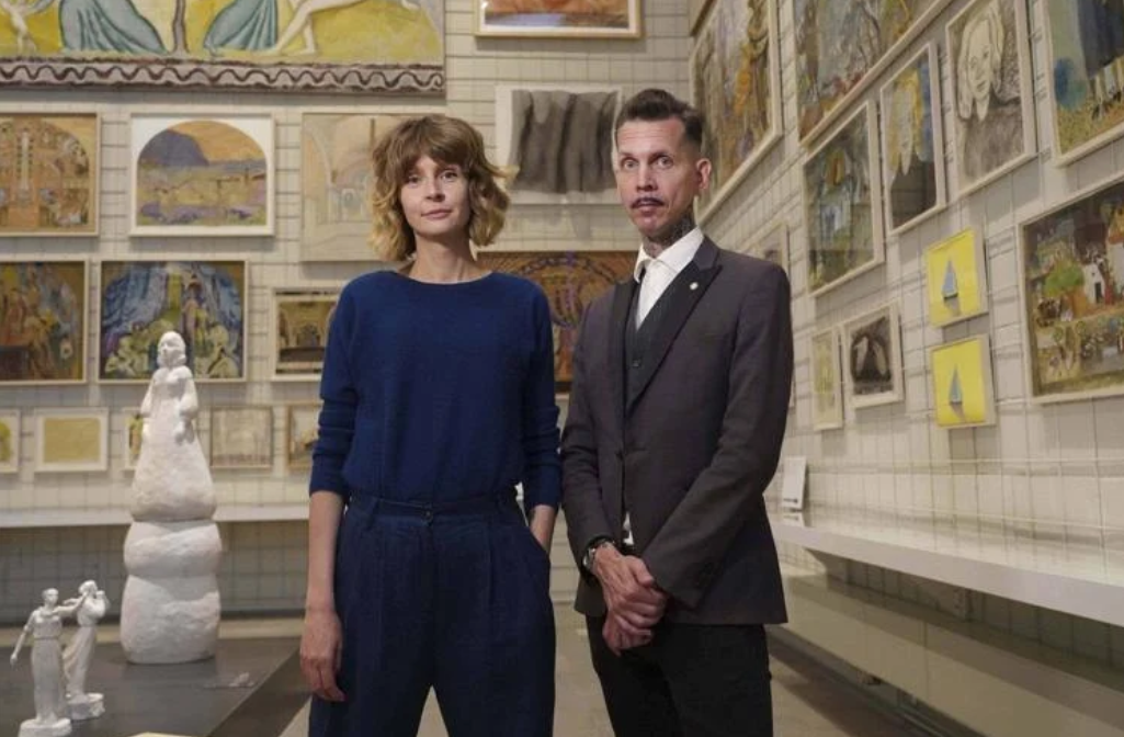 Elin Westerholm, left, and Lupus Nensen, members of Anonymouse art collection, pose for a photo at Skissernas Museum in Lund, southern Sweden, June 27, 2025. (AP Photo)
