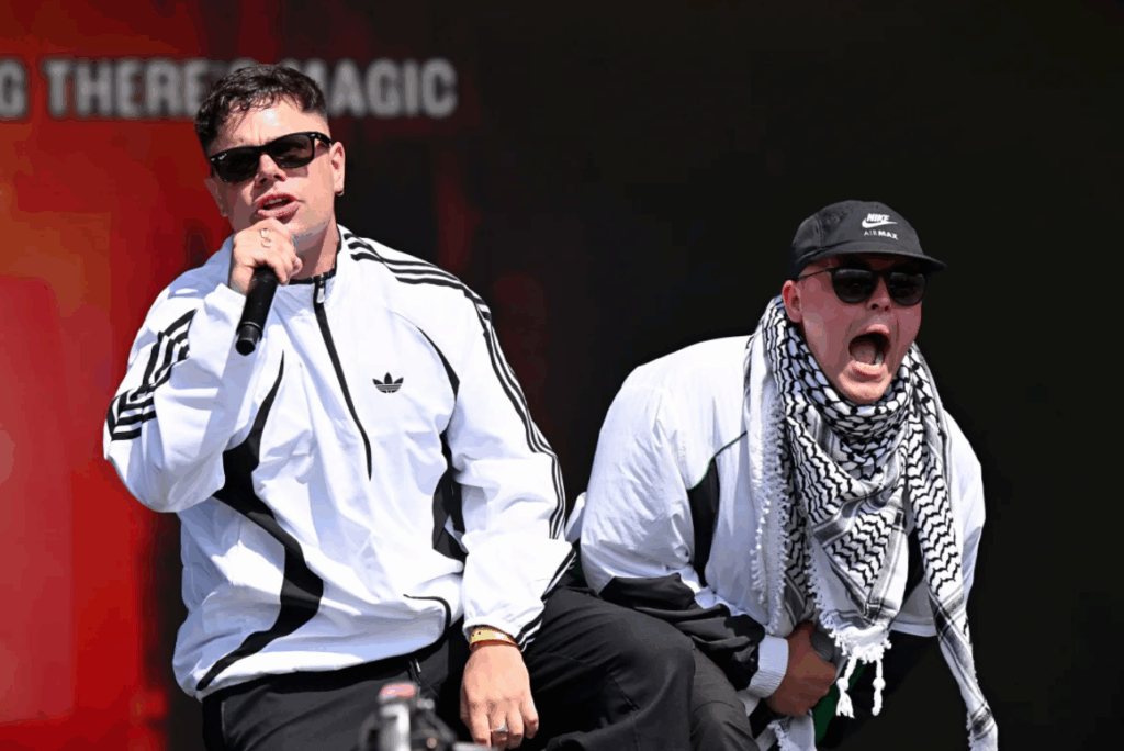 Móglaí Bap and Mo Chara of Kneecap perform during their set at Glastonbury on Saturday.
