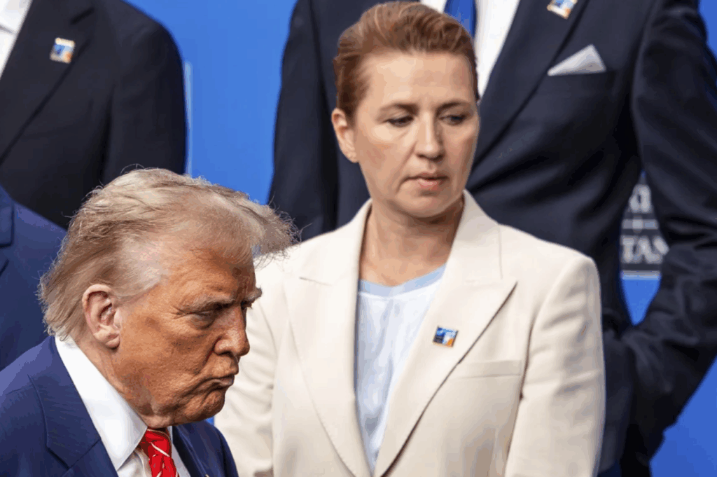 US President Donald Trump, left, walks by Denmark's Prime Minister Mette Frederiksen prior to a group photo of NATO heads of state and government in The Hague, Netherlands, on June 25, 2025.
