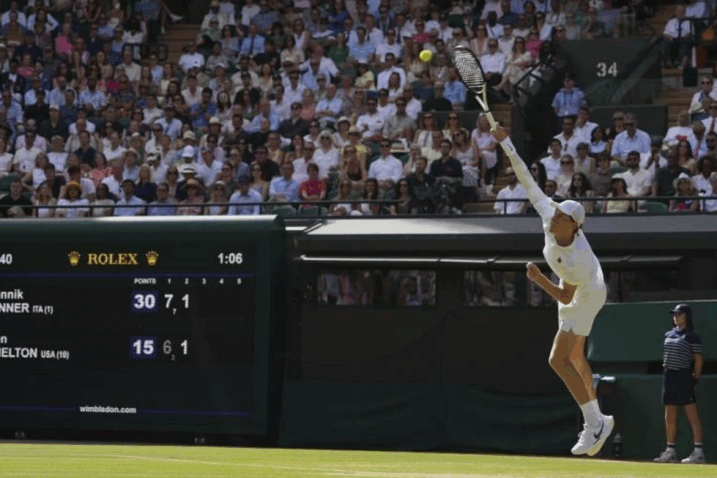 Italy’s Jannik Sinner serves the ball to Ben Shelton of the U.S. during the men’s singles quarter final match at the Wimbledon Tennis Championships, July 09, 2025. (AP Photo)
