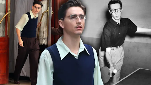 (L) Timothée Chalamet on the set of 'Marty Supreme', and the real Marty Reisman in 1948. Getty Images.